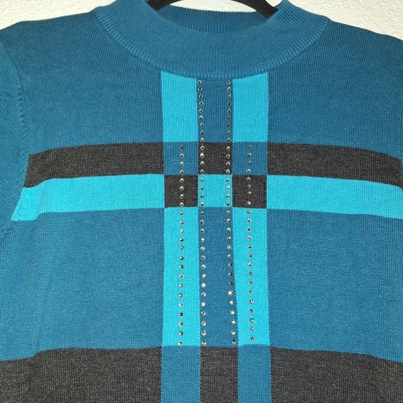 Allison Daley Turquoise & Black Pullover Rhinest Long Sleeve Sweater Size Small - Picture 3 of 8